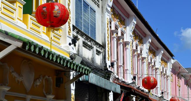 Multicolored sino-portuguese facades in Soi Rommani, or Soi Romanee, in Phuket Old Town, Thailand